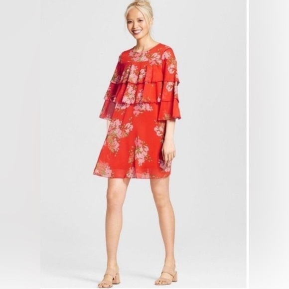 Who What Wear Dresses & Skirts - Who What Wear Tiered Ruffle Floral Mini summer Dress Red NWOT